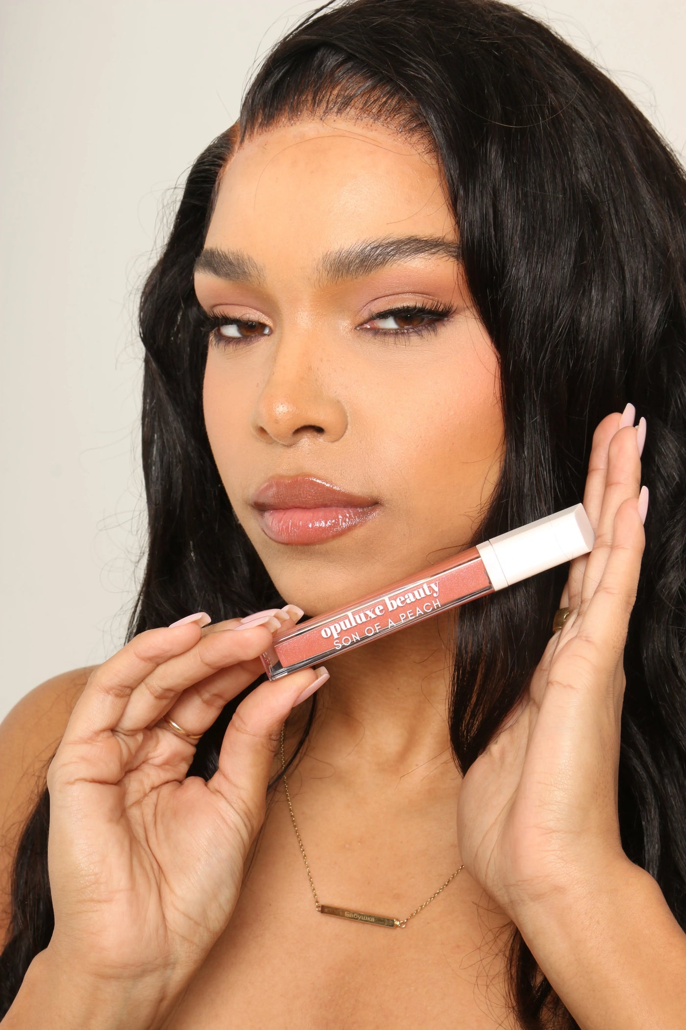 Son of a peach Haute creamy pigmented non-sticky peachy shimmer Lipgloss Opuluxe Beauty®